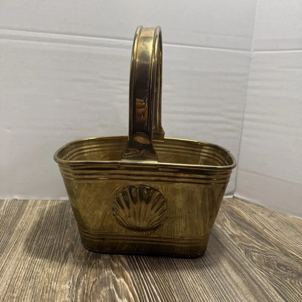 Vintage Brass Planter Basket Moving Handle Clam‎ SeaShell Accent 8
